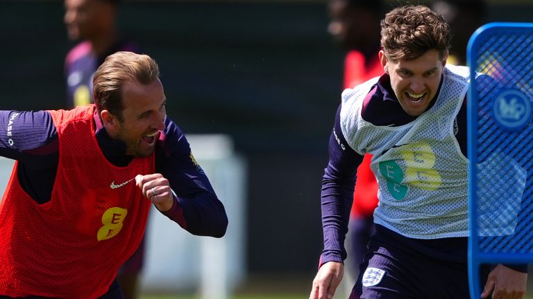 Harry Kane (left) and John Stones in England training on Sunday. 