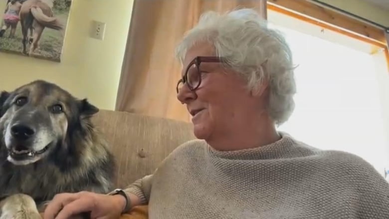 A woman with gray hair looks at a dog sitting next to her on the couch.