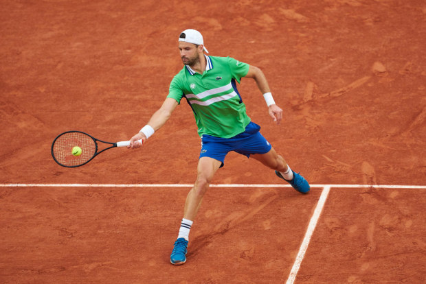 Grigor Dimitrov of Bulgaria plays a forehand against Hubert Hurkacz 