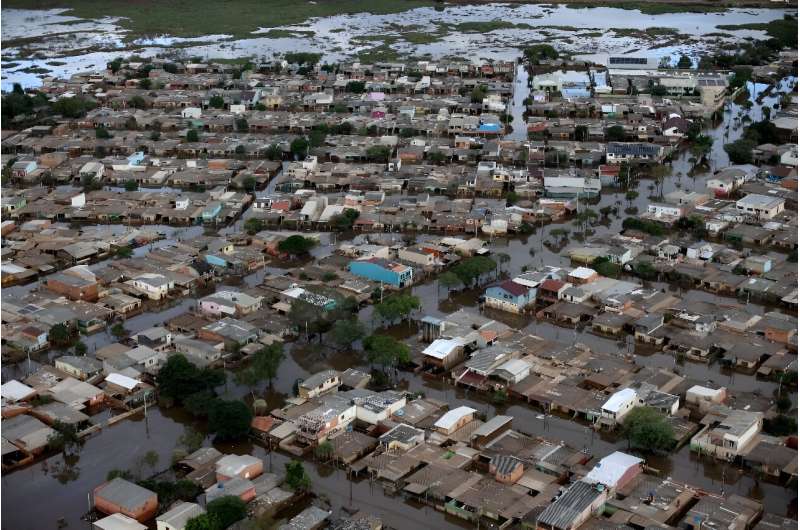 An aerial view shows a flooded area of Santa Rita neighborhood in the city of Guaiba, Rio Grande do Sul state, Brazil, on May 20, 2024