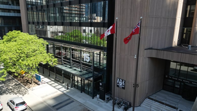 A building and flags are scene from above.