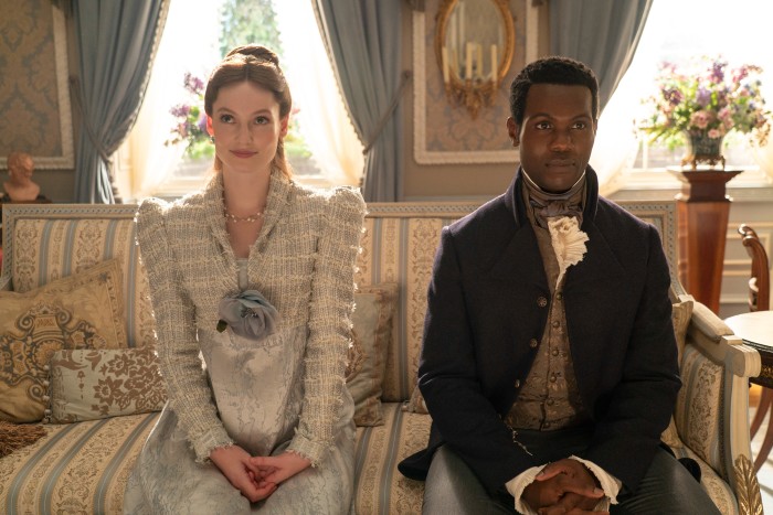 Alli as Lord John Stirling in season three of Bridgerton, with Hannah Dodd as Francesca Bridgerton