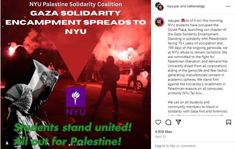 An instagram poster that  says Gaza solidary protest spreads to NYU