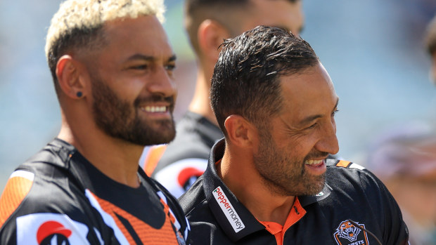 Tigers hooker Api Koroisau with head coach Benji Marshall.