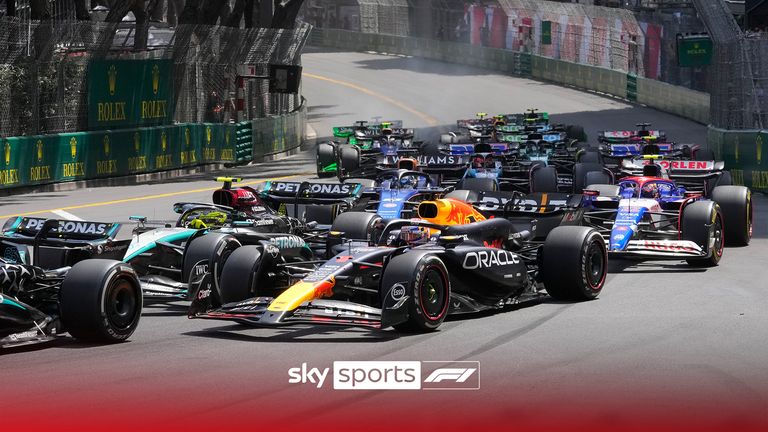 Red Bull driver Max Verstappen of the Netherlands, centre, steers his car during the Formula One Monaco Grand Prix race at the Monaco racetrack