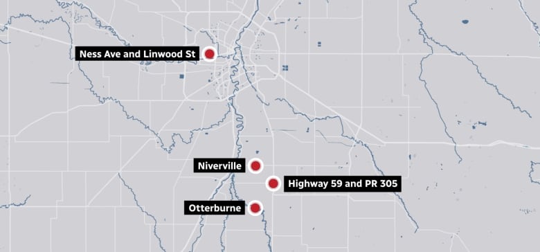 A map showing an intersection in Winnipeg, as well as Otterburne, Niverville, and the intersection between Highway 59 and provincial road 305.