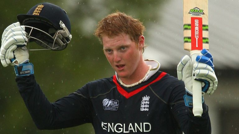 Ben Stokes celebrates his hundred in England's Under-19 World Cup match against India in 2010