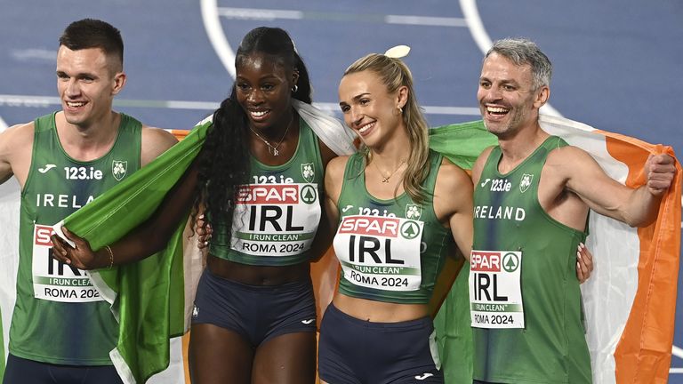 Chris O'Donnell, Rhasidat Adeleke, Thomas Barr and Sharlene Mawdsley took gold for Ireland in the 4x100m mixed relay 