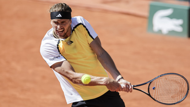 Alexander Zverev of Germany returns a backhand against Carlos Alcaraz of Spain during the Men's Singles Final of 2024 French Open - Day 15 at Roland Garros on June 9, 2024 in Paris, France. (Photo by Antonio Borga/Eurasia Sport Images/Getty Images)