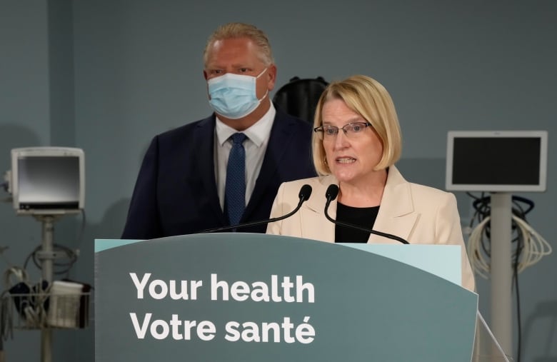 Ontario Health Minister Sylvia Jones makes an announcement on health care with Premier Doug Ford in Toronto on Jan. 16, 2023.