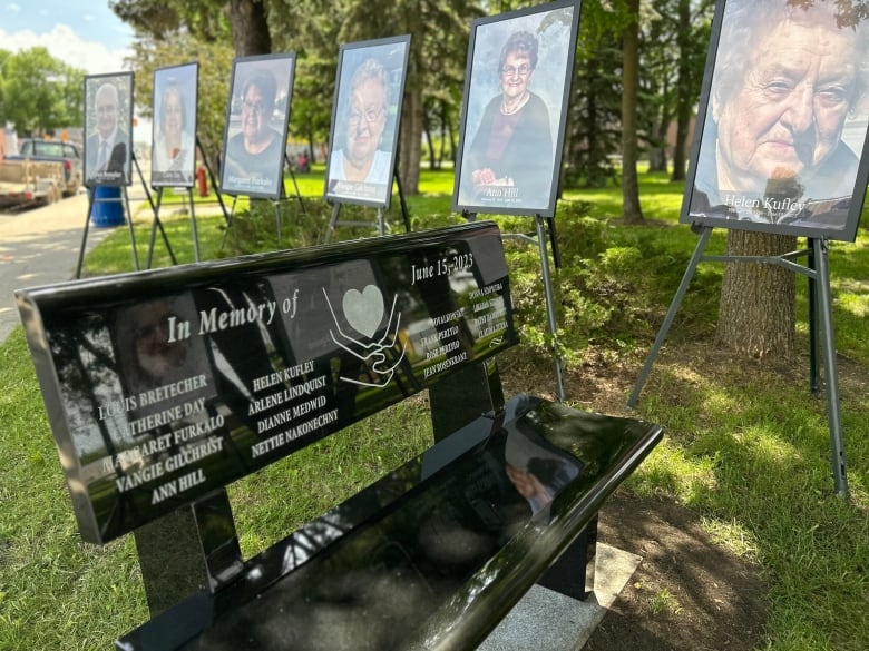 A black engraved bench sits in a park next to several large portraits of elderly people.