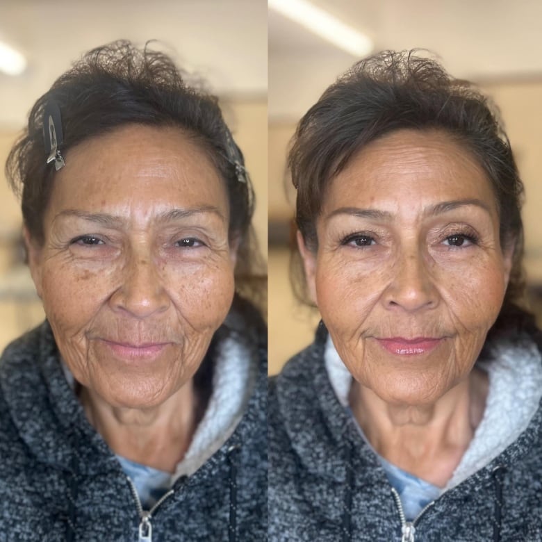 A older women poses for a before and after of getting her makeup done.