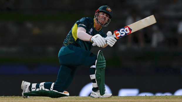 David Warner of Australia bats during the ICC Men's T20 Cricket World Cup West Indies & USA 2024 Super Eight match between Australia and Bangladesh at Sir Vivian Richards Stadium on June 20, 2024 in Antigua, Antigua and Barbuda. (Photo by Gareth Copley/Getty Images)