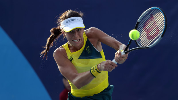 Ajla Tomljanovic of Team Australia plays a backhand during her Women's Singles First Round match against Yaroslava Shvedova of Team Kazakhstan on day two of the Tokyo 2020 Olympic Games at Ariake Tennis Park on July 25, 2021 in Tokyo, Japan. (Photo by Clive Brunskill/Getty Images)