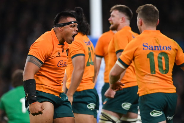 Allan Alaalatoa of Australia celebrates his side winning a penalty.