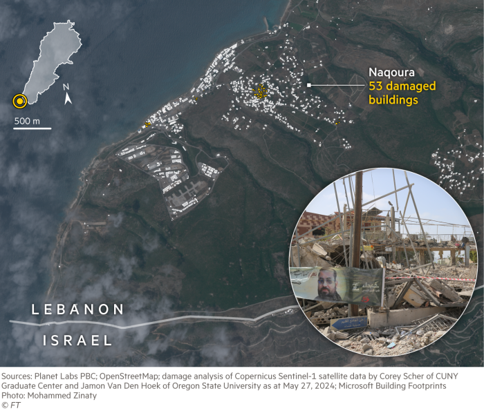 Map showing 53 buildings damaged in Naqoura, Lebanon, near the Israeli border.