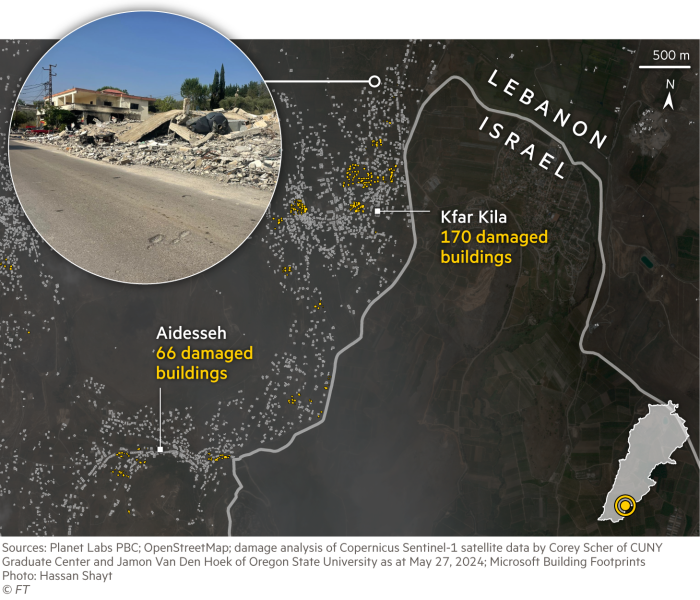 Map showing 170 buildings damaged in Kfar Kila and 66 buildings damaged in Aidesseh, Lebanon, near the Israeli border.