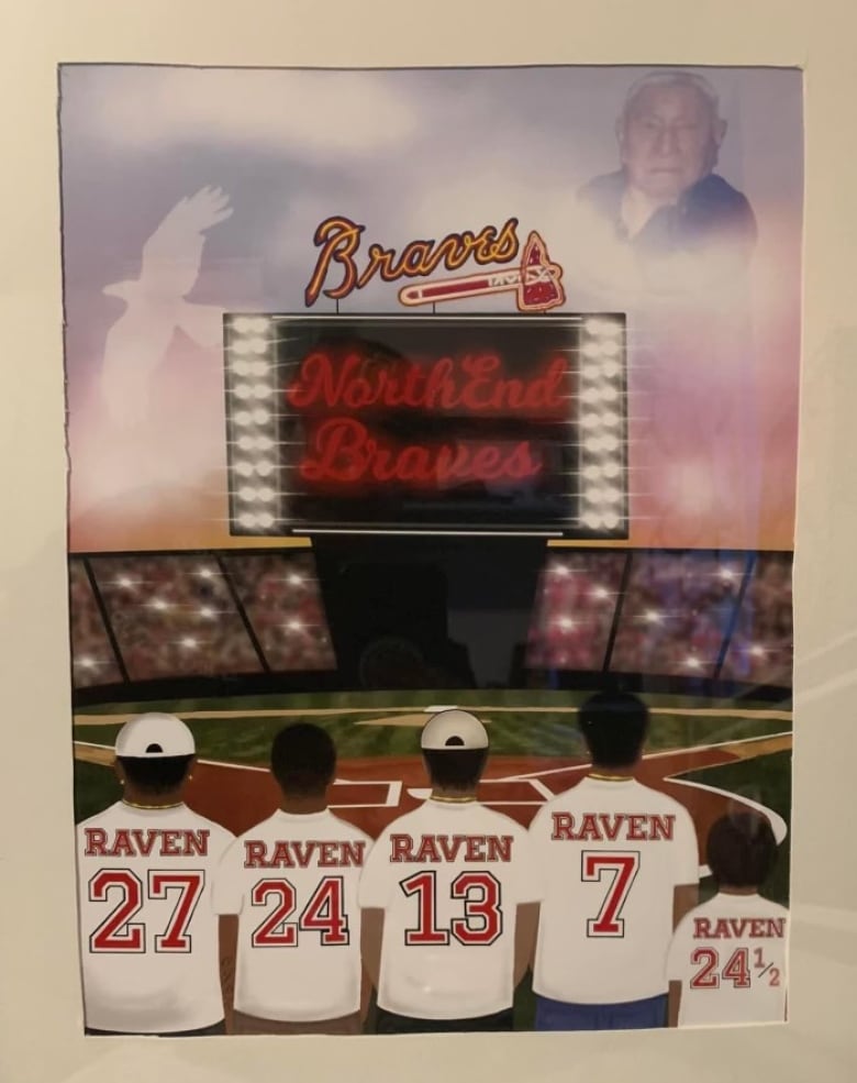 A memorial portrait featuring five people in baseball jerseys looking over a diamond with a mans photo superimposed in the sky.