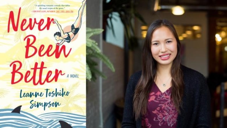 A yellow book cover of a woman diving into shark infested waters next to an Asian woman smiling at the camera.