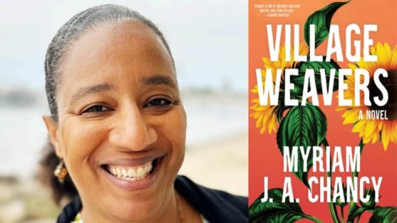 A Black woman with her hair pulled up smiles at the camera next to an orange book cover featuring sunflowers.