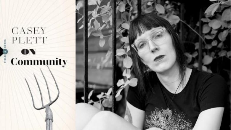 The book cover with a pitchfork pointed towards the title and the black and white author photo of a woman with shoulder length hair with bangs and glasses looking straight at the camera