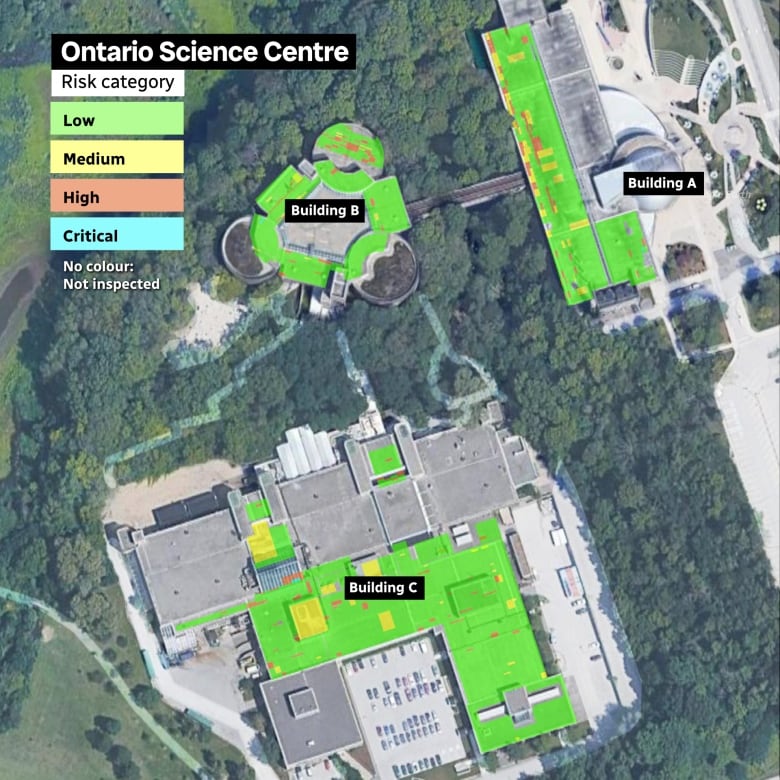 A map with colours that show what parts of the Science Centre roof panels were labelled high and critical risk of collapsing.