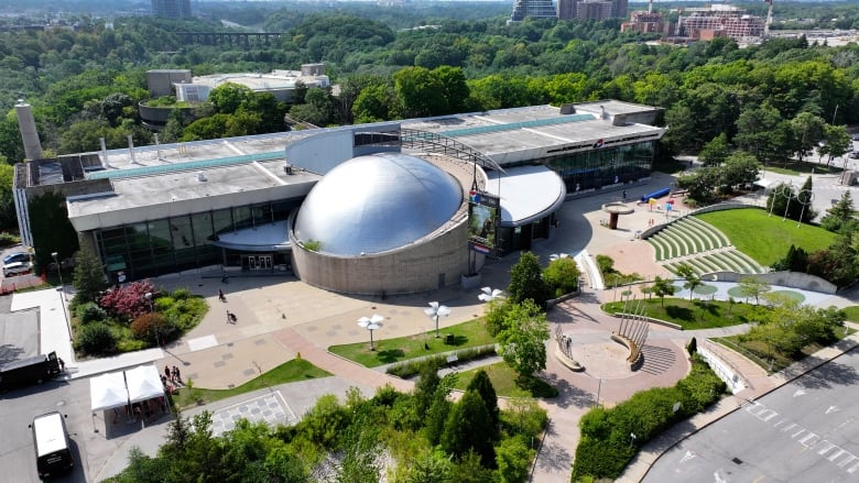 An aerial view of the science centre building and property.