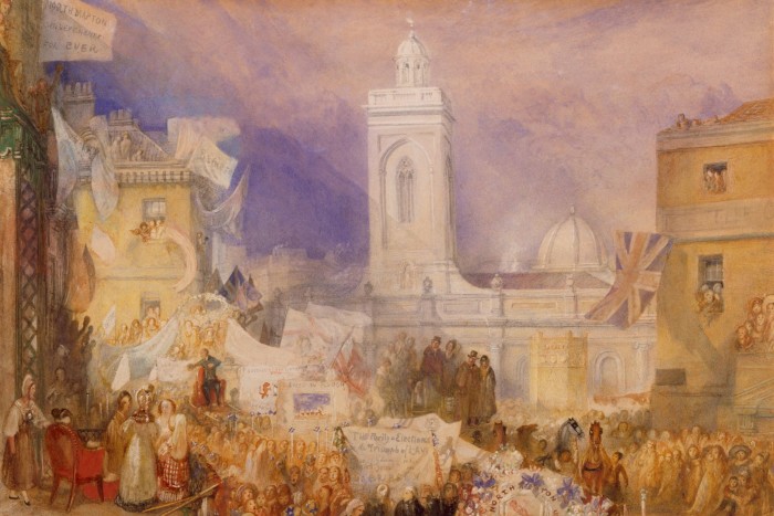 A watercolour of a crowd of people in a sunlit square. Union Flags fly and a man sits above the crow in a red chair