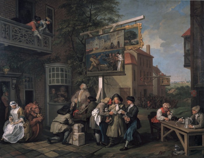People standing together or seated at tables outside a country inn. Two women lean from a balcony towards a well-dressed man below who is buying trinkets from a pedlar. A woman sits by the inn door counting money. Behind this scene we can see a fighting mob outside another inn