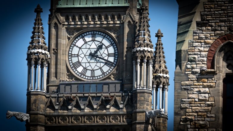 A close-up view of the face of a clock on Parliament Hill.