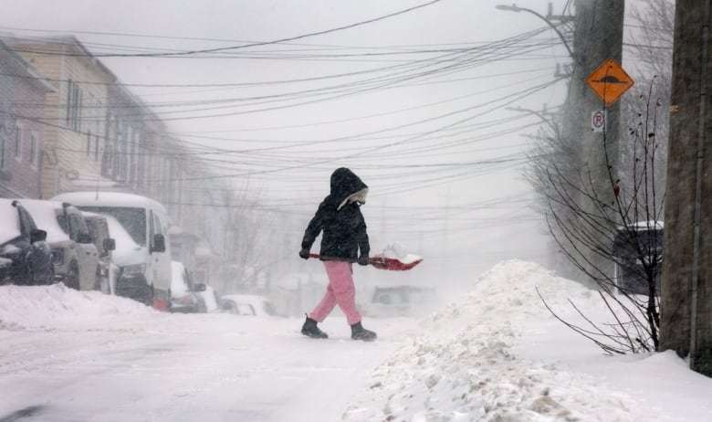 A person wearing a parka and pink fleece pants carries a shovel full of snow across a street. 