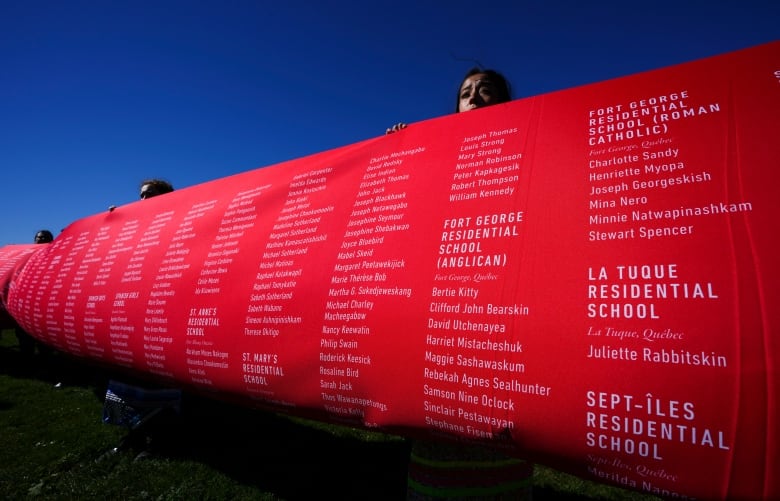 Names of lives lost to residential schools are displayed as people take part in ceremonies for the National Day of Truth and Reconciliation in Ottawa on Fri. Sept. 30, 2022. 