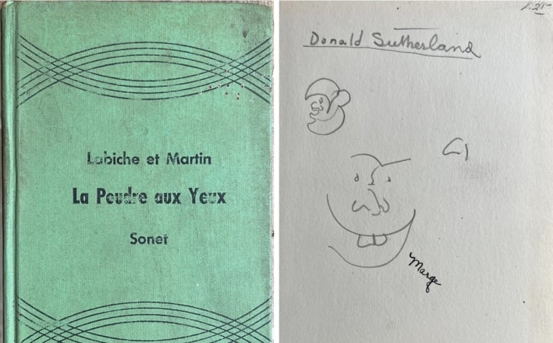 A green French book is shown, alongside a page from the inside that includes the name Donald Sutherland and a drawing.