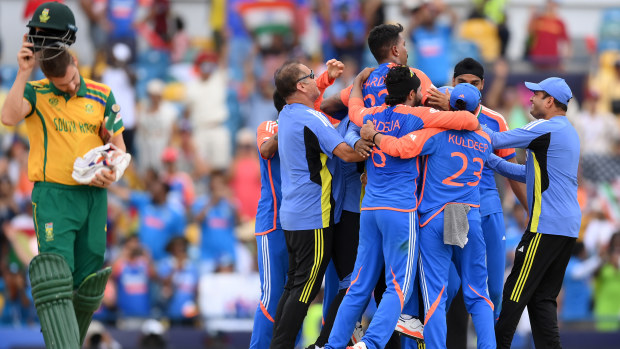 Players of India celebrate victory after winning the ICC Men's T20 Cricket World Cup following the ICC Men's T20 Cricket World Cup West Indies & USA 2024 Final match between South Africa and India at Kensington Oval on June 29, 2024 in Bridgetown, Barbados. (Photo by Alex Davidson-ICC/ICC via Getty Images)