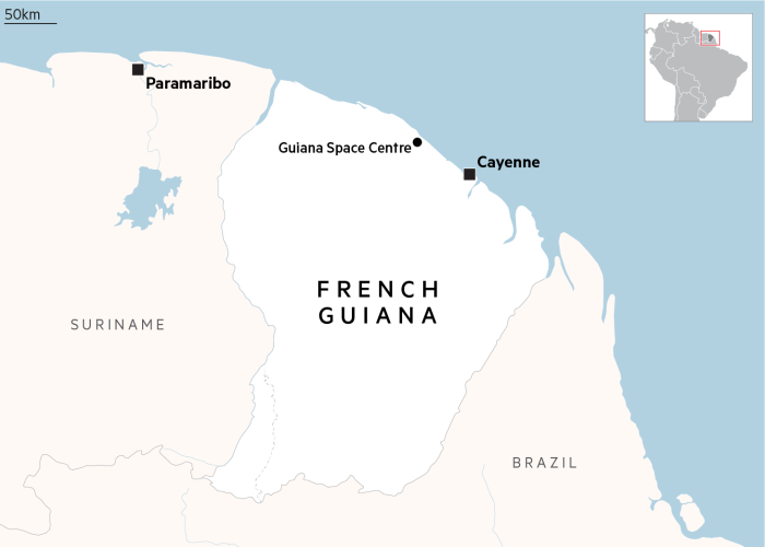 Map showing Guiana Space Centre in French Guiana