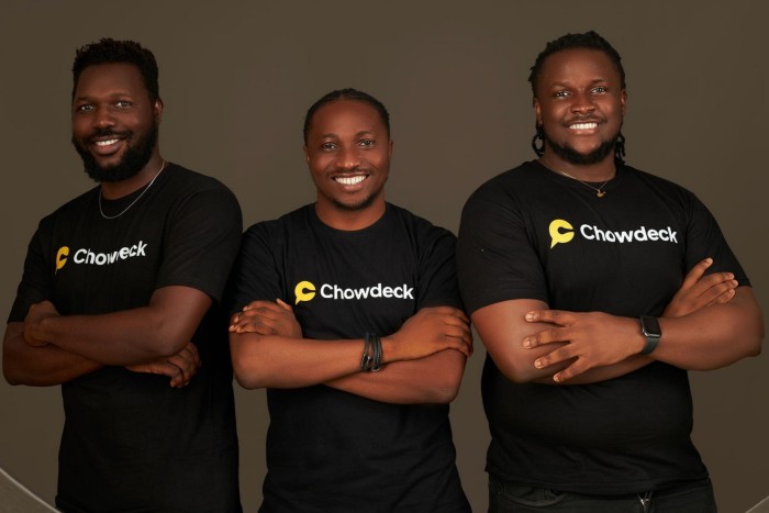 Chowdeck’s co-founders: Olumide Ojo, chief technology officer, left, Lanre Yusuf, head of operations, and Femi Aluko, chief executive