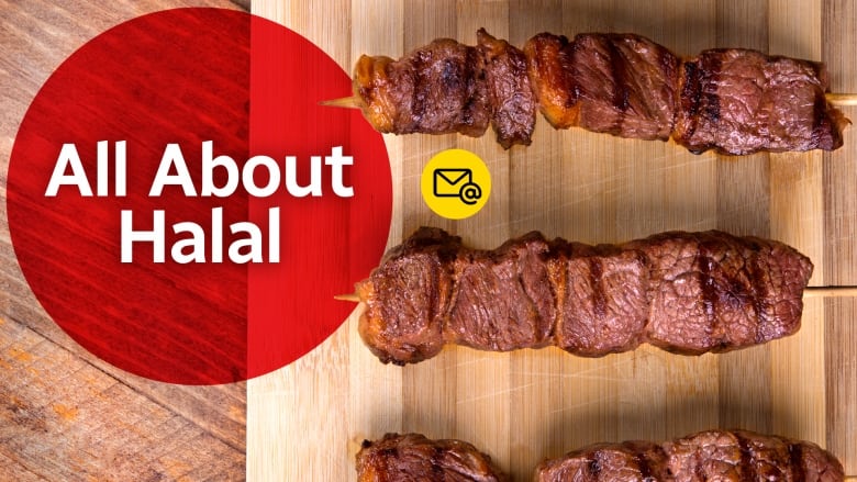 Text reading "All About Halal" on top of an image of skewered cooked meat. 