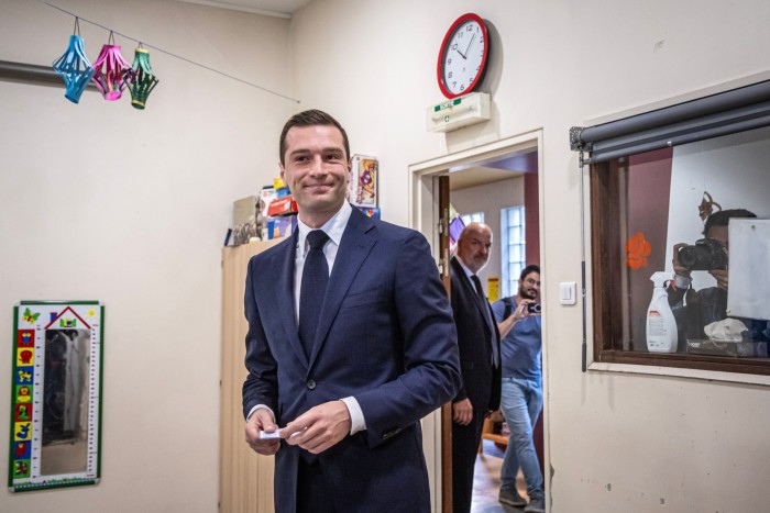 RN president Jordan Bardella casts his vote in Garches near Paris