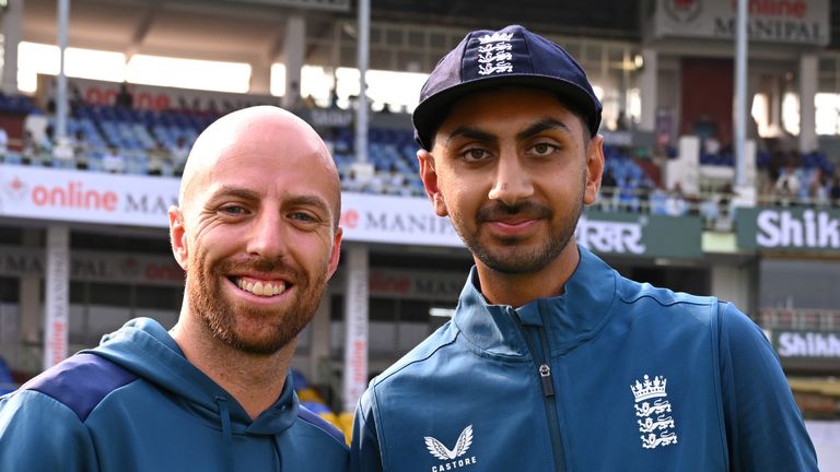 Somerset and England team-mates Jack Leach (L) and Shoaib Bashir (R)