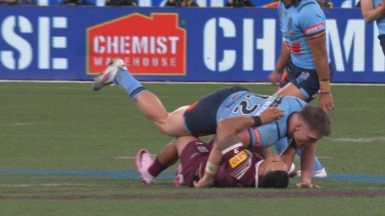 Angus Crichton smashing hit on Valentine Holmes, sets up Dylan Edwards debut NSW try