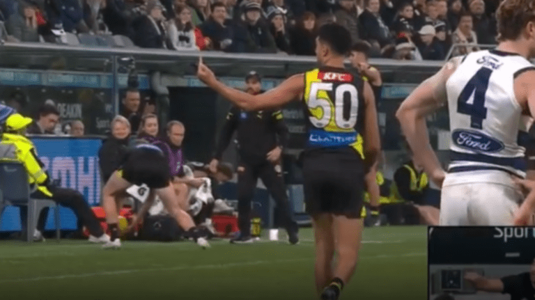 Marlion Pickett gesture, Geelongs vs Richmond, GMHBA Stadium, AFK please explain, calf injury, Mykelti Lefau knee