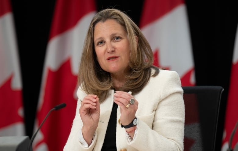 Finance Minister Chrystia Freeland speaks during a news conference in Ottawa, Tuesday, June 18, 2024. THE CANADIAN PRESS/Adrian Wyld