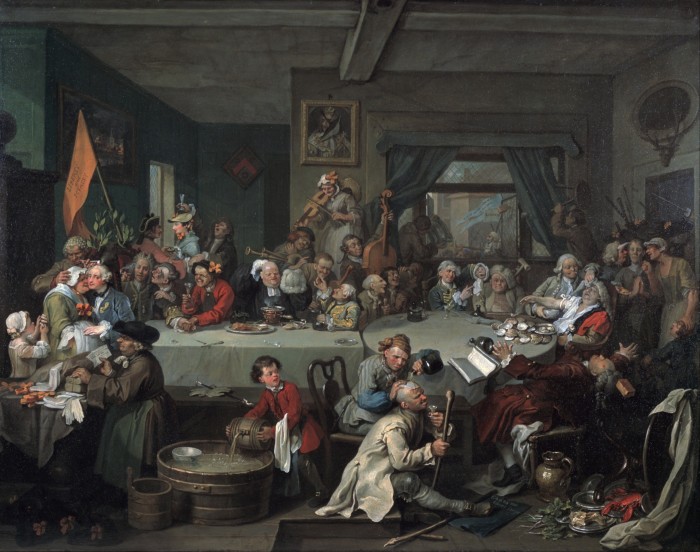 Around a large table a crowd is gathered, among them a man passed out in front of a plate of oysters, a woman embracing a younger man in fine clothes, people playing instruments and one man who is being flung backwards in his chair as an object hits him on the head