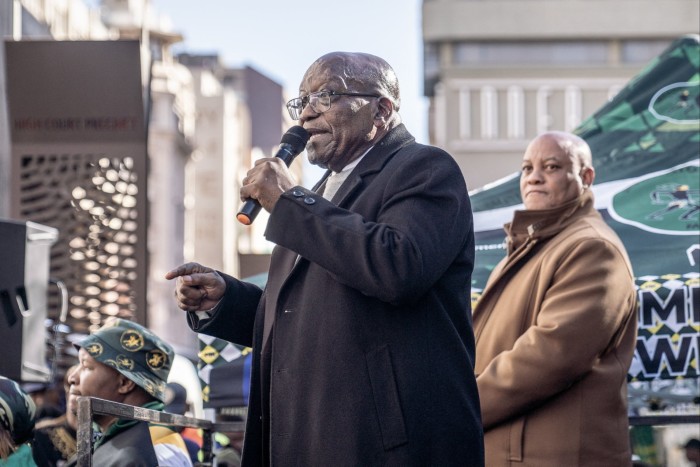 Former president Jacob Zuma, leader of the uMkhonto weSizwe (MK) party, addresses supporters in Johannesburg on Monday