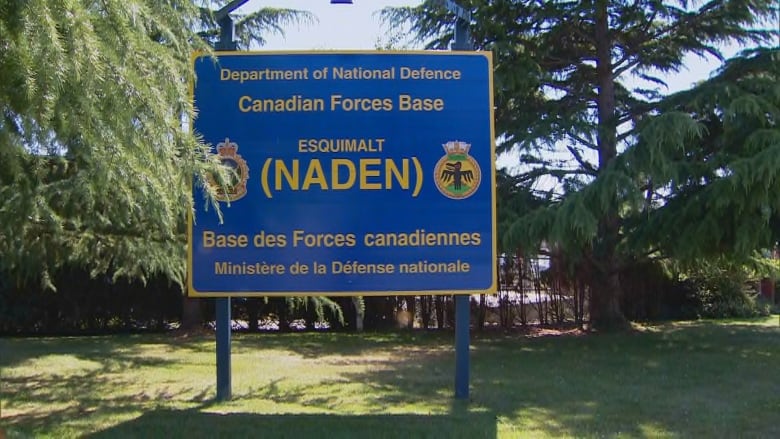 A blue sign that shows the Canadian Forces Bases (Naden) in Esquimalt, B.C.