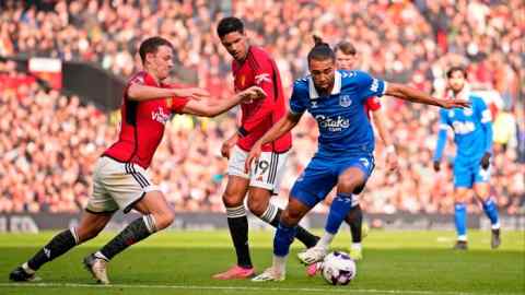 Everton’s Dominic Calvert-Lewin, right, in action against Manchester United earlier this year