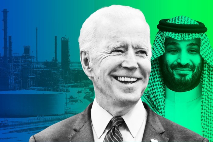 Montage of images Joe Biden, Prince Mohamed and an oil refinery