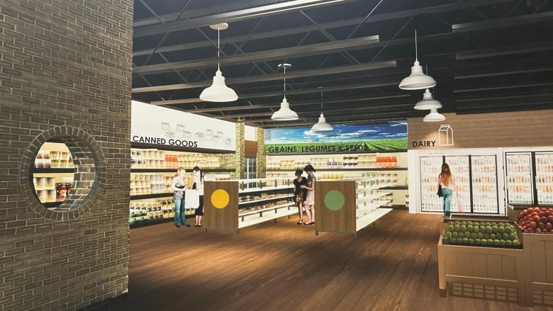 Regina Food Bank Community Food Hub interior rendering shows produce bins, dairy fridges, grocery store shelves and warm lighting. 