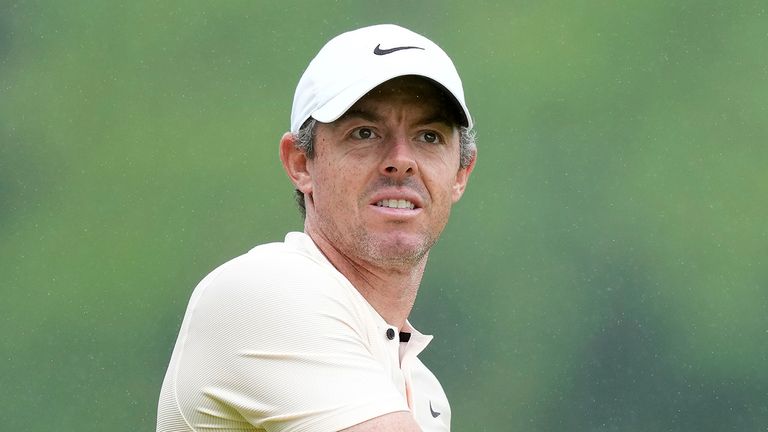 Rory McIlroy, of Northern Ireland, tees off on the fourth hole during the final round of the Canadian Open golf tournament in Hamilton, Ontario, Sunday, June 2, 2024. (Nathan Denette/The Canadian Press via AP)