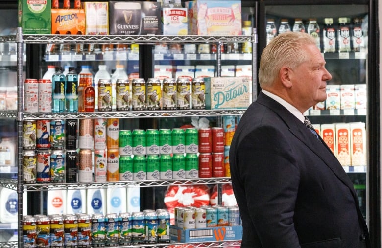 Premier Doug Ford is pictured during a news conference announcing the provincial government's plan to allow the sale of alcohol in convenience stores.